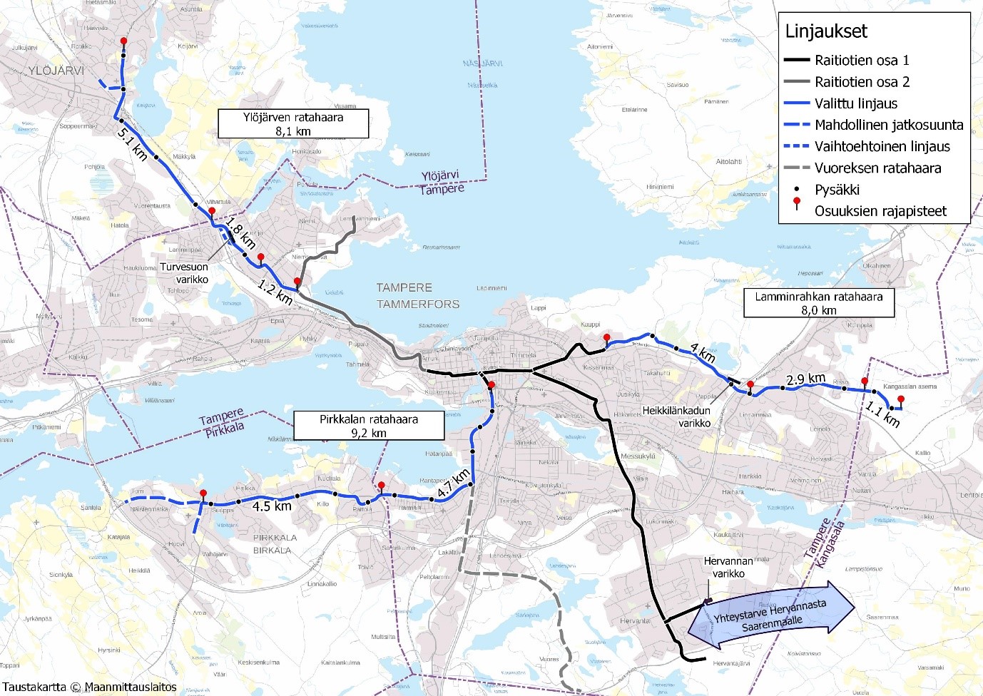Kartta raitiotien yleissuunnitelman mukaisista linjauksista Tampereen seudulla