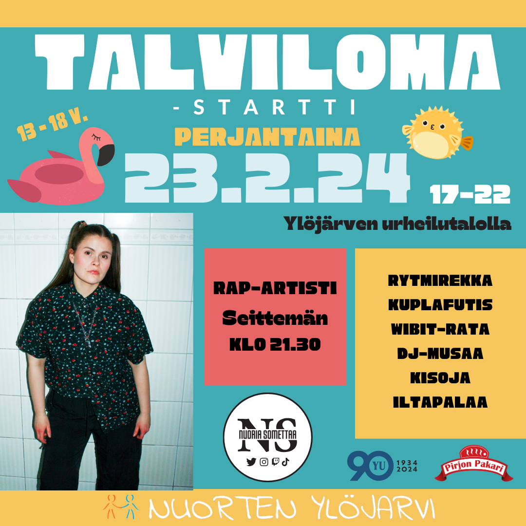 Värikäs mainoskuva tapahtumasta Talviloma-startti 23.2.2024 klo 17-22. Nuorten Ylöjärvi.