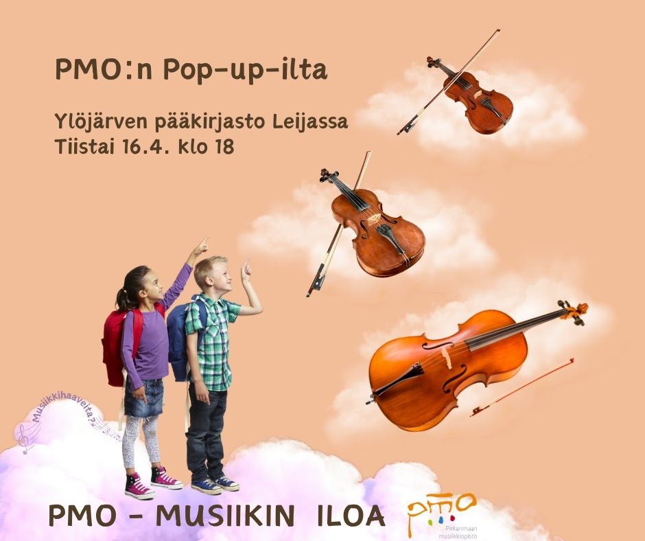 Kaksi kouluikäistä lasta seisoo vaaleanpunaisen pilven päällä ja katsoo ilmassa leijuvia viuluja ja selloa.