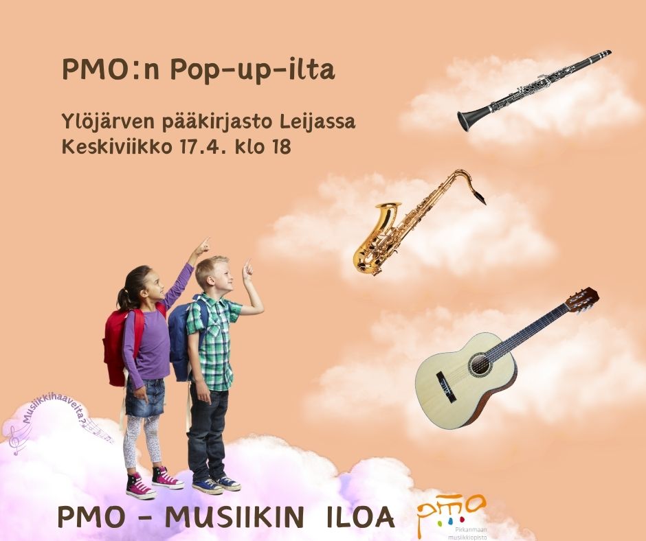 Kaksi kouluikäistä lasta seisoo vaaleanpunaisen pilven päällä ja katsoo ilmassa leijuvaa kitaraa, saksofonia ja klarinettia.