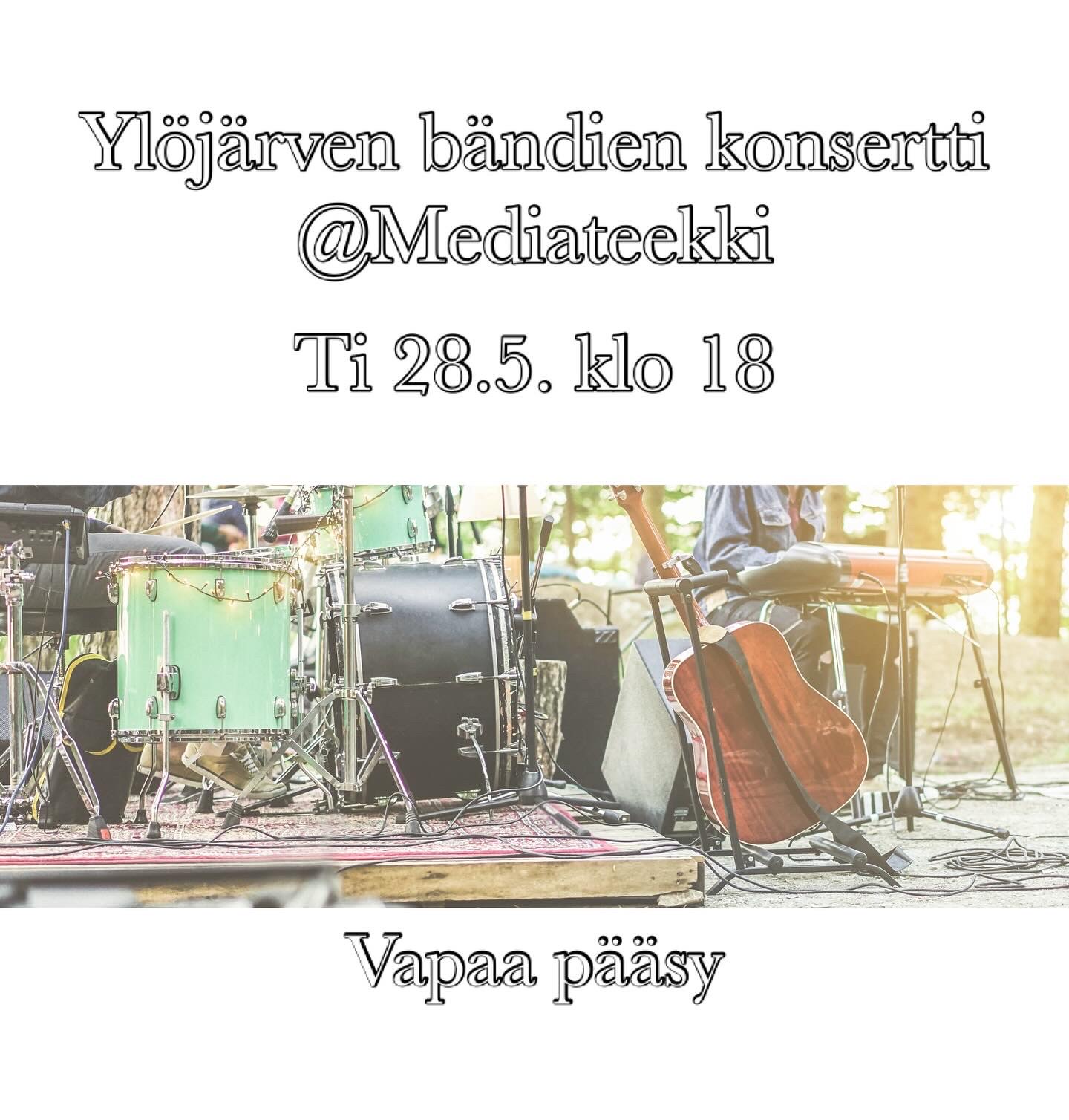 Ylöjärven bändien konsertti Mediateekissa 28.5. klo 18, vapaa pääsy. Kuvassa rummut ja kitara esiintymislavalla.