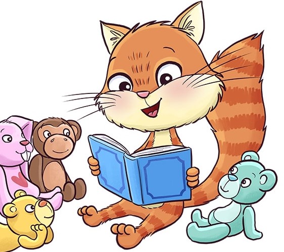 Kirjatti-kissa lukee kirjaa muille lelueläimille