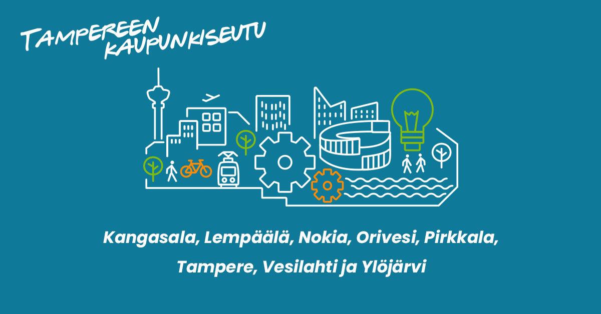 Kuvituspiirroskuva, jossa lukee Tampereen kaupunkiseutu ja luetellaan seudun kunnat